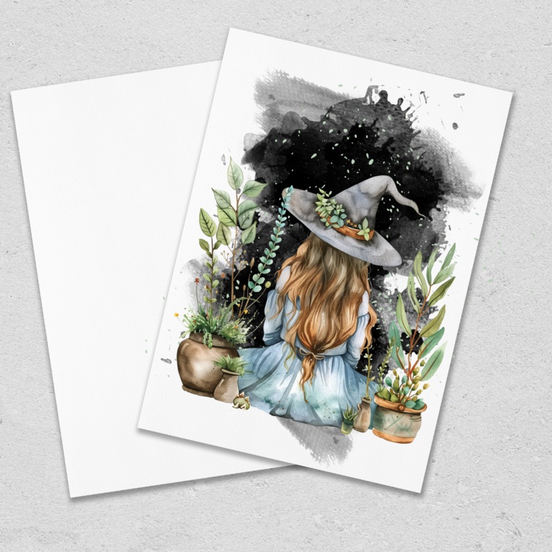 Blue Green Botanical Witch – Blank Greeting Card
