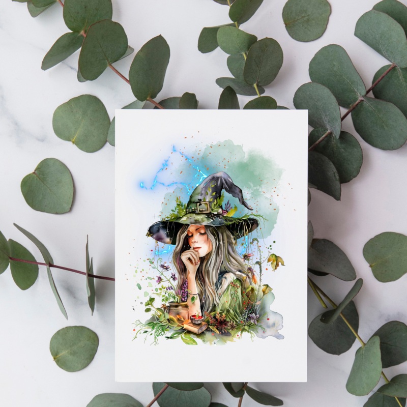 Blue Lightning Botanical Witch – Blank Greeting Card