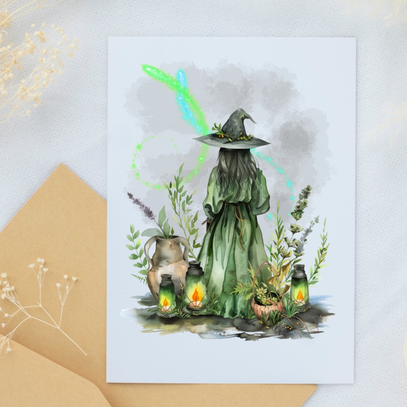Fireworks Lantern Botanical Witch – Blank Greeting Card
