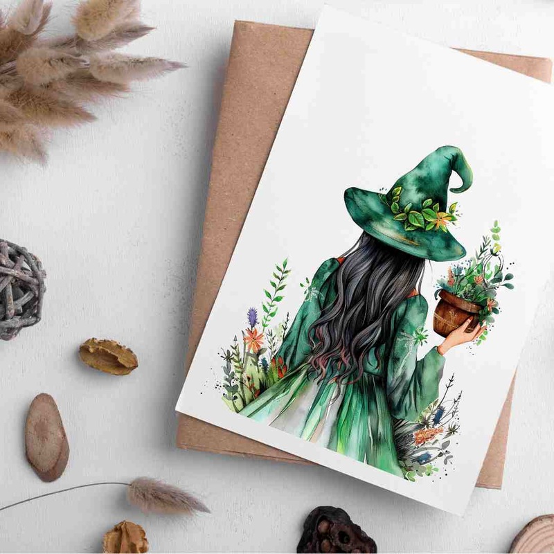 Green Garden Witch – Blank Greeting Card