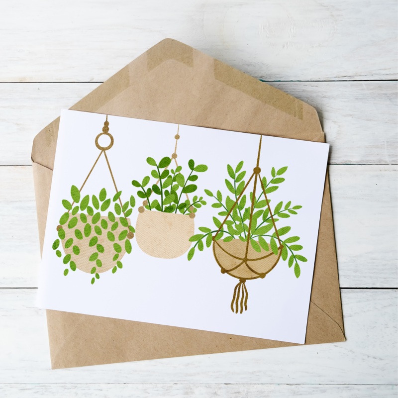 Hanging Plants Trio Tan – Blank Greeting Card