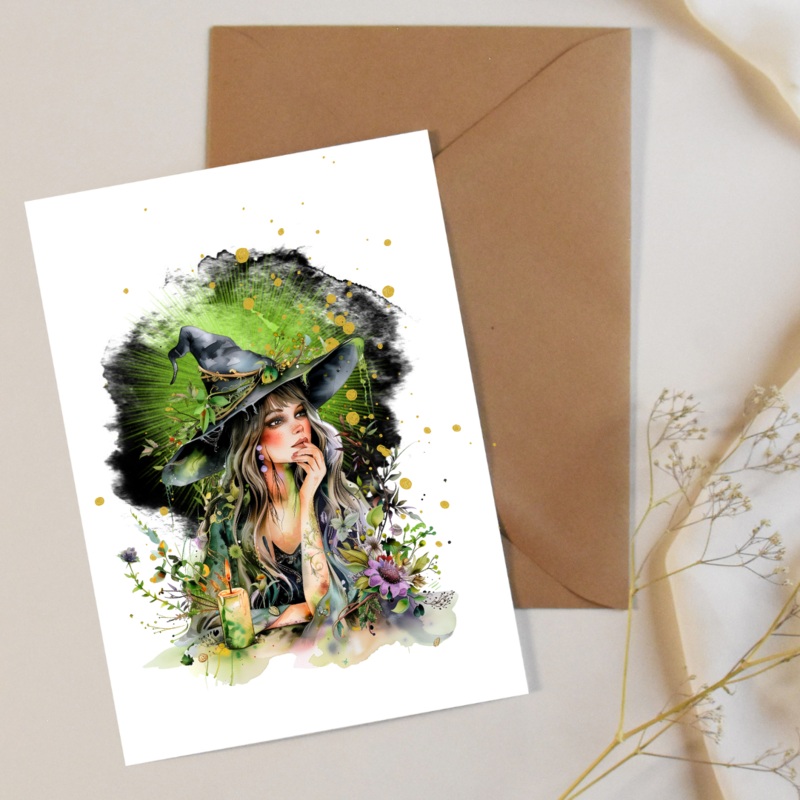 Lime Green Candle Witch – Blank Greeting Card