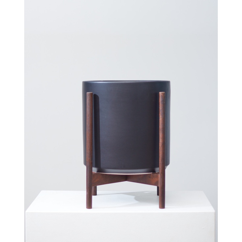 The Fourteen Ceramic Cylinder Planter with Dark Teak Wooden Stand | 14 inch Nursery Pot