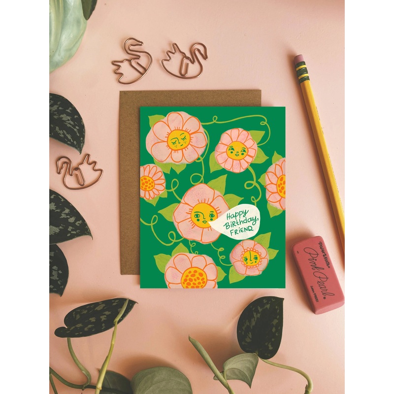 Happy Birthday, Friend – Cute Greeting Card with Flowers