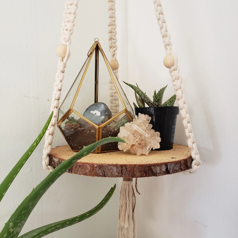 WOOD SHELF ROUND BALANCING ACT MACRAME HANGER – THE FIBER ALMANAC