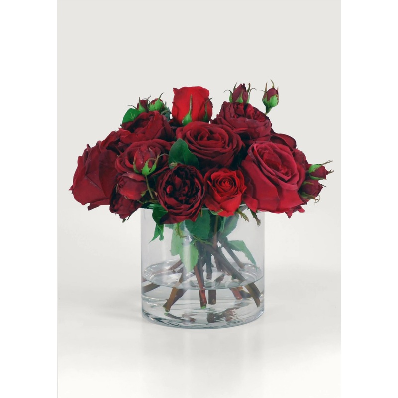 Faux Arrangement of Red Roses in Glass Vase – 13