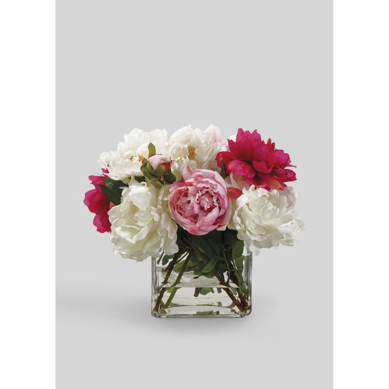 Pink and White Faux Peony Glass Vase Arrangement – 14