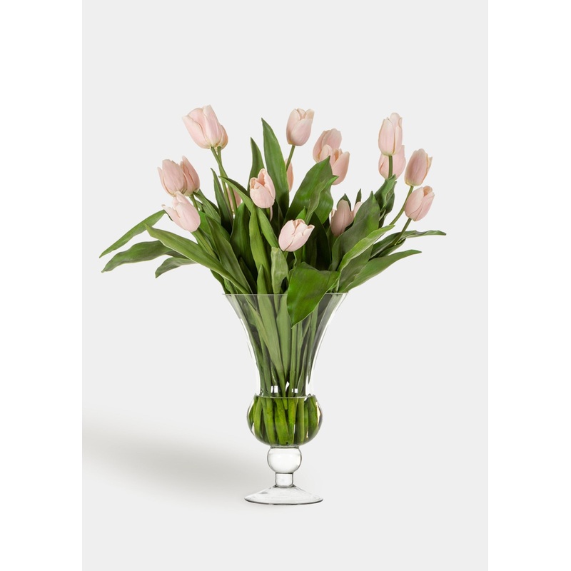 Pink Artificial Tulip Arrangement in Footed Glass Vase – 31