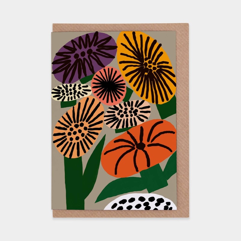 Memphis Flowers – Gold Greetings Card by Marcello Velho