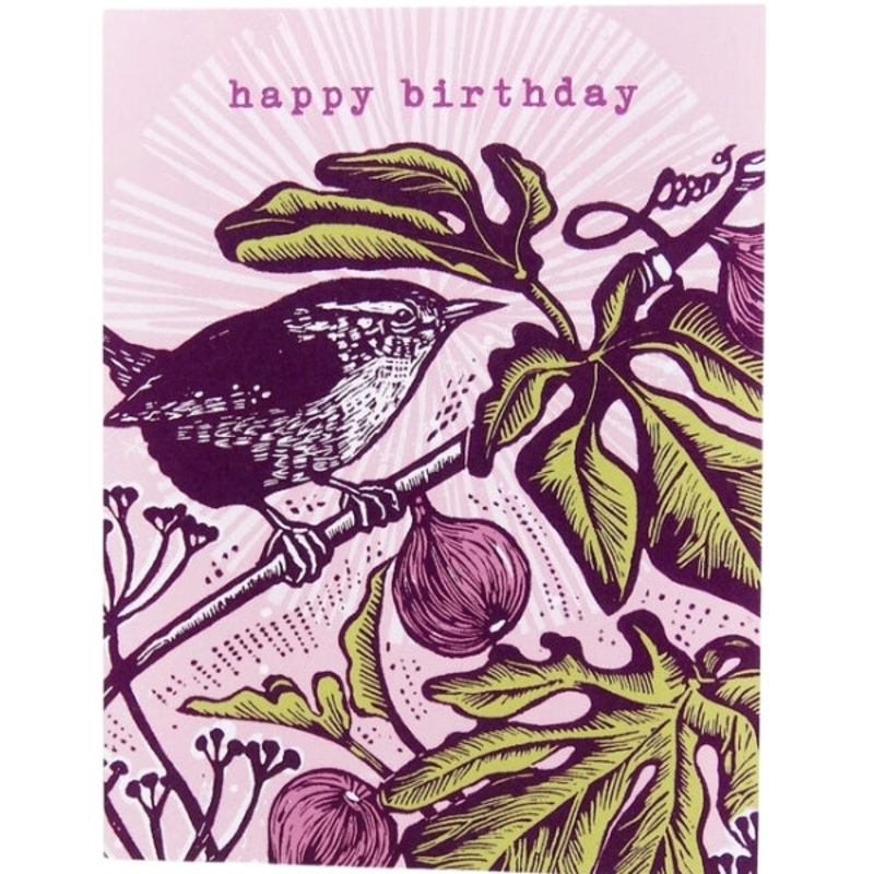 Wren and Fig Happy Birthday Linocut Card