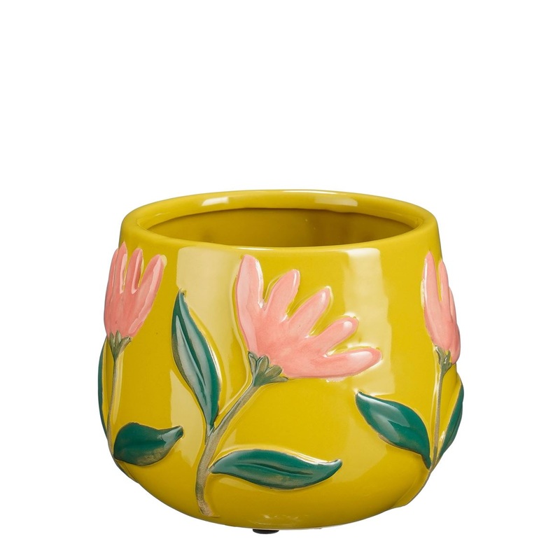Ava Yellow Ceramic Plant Pot with Pink Floral Design  16.5cm