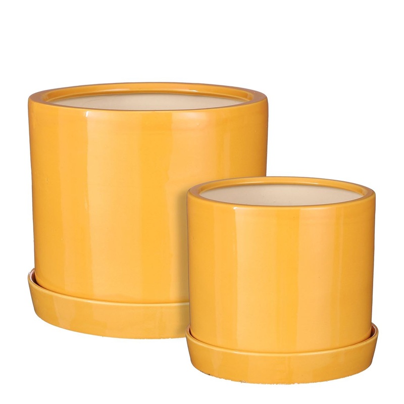 Milan Ochre Ceramic Plant Pot with Saucer  Two Sizes