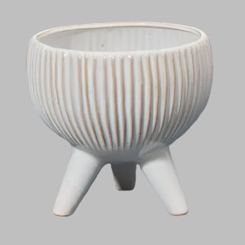 White Tripod Ridged Pot