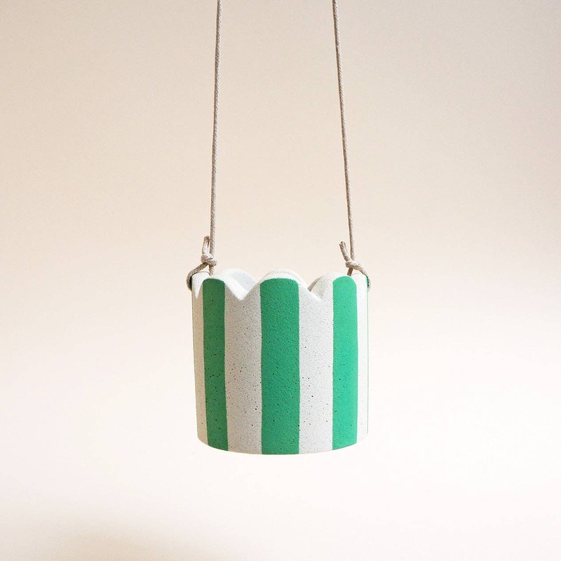 Mint Green and White Stripy Hanging Pot