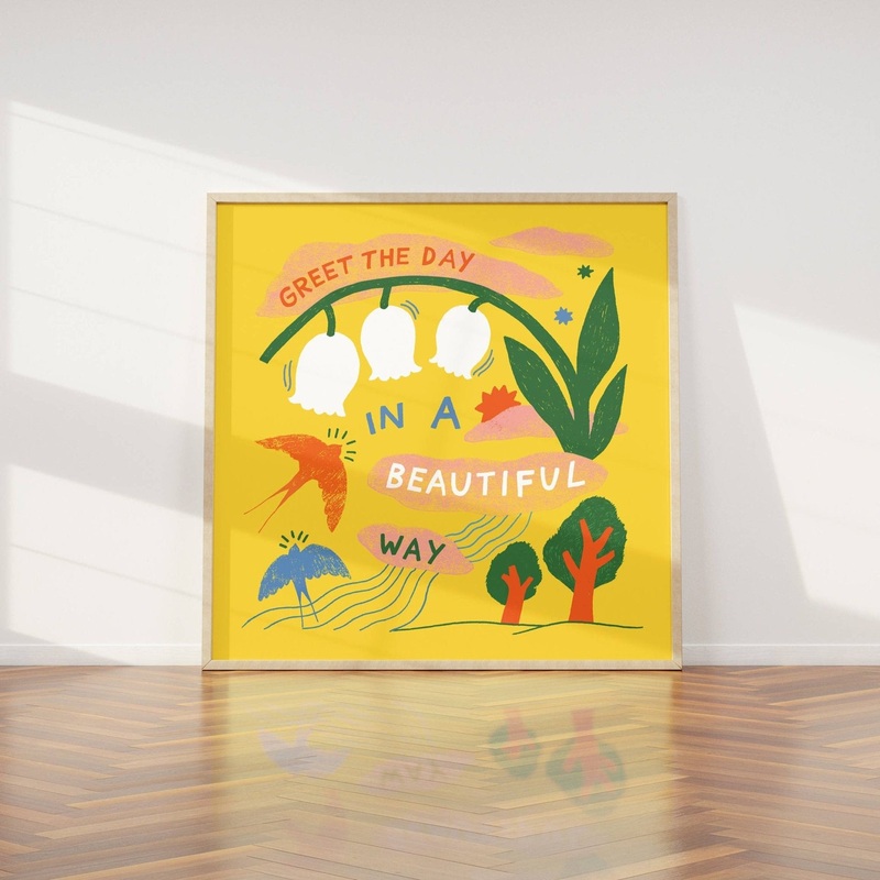 Greet the Day Print, Positive Joyful Illustrated Wall Art