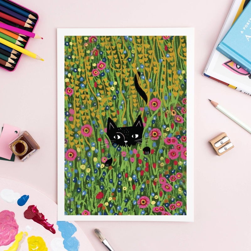 Niaski Cat Hiding in a Klimt Garden Art Print  Inspired by Gustav Klimt