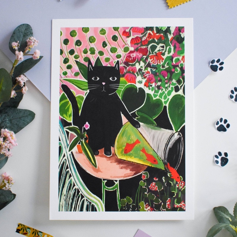 Niaski Catisse and the Goldfish Cat Art Print  Inspired by Henri Matisse