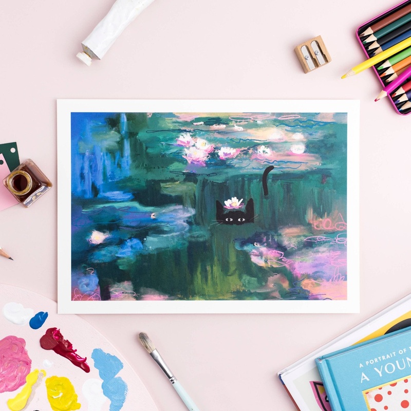 Niaski Clawed Meow Waterlily Cat Art Print  Inspired by Claude Monet