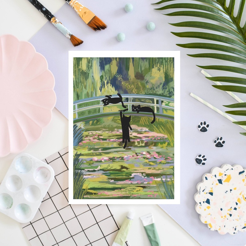 Niaski Clawed Monet Cats on a Bridge Art Print  Inspired by Claude Monet