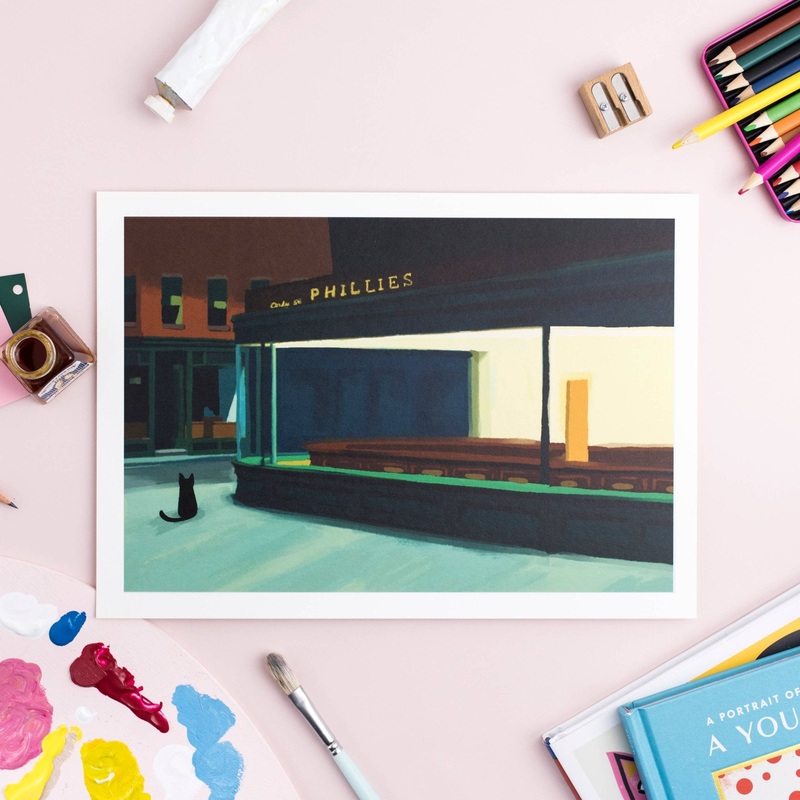 Niaski Hoppurr Night Cat Art Print  Inspired by Edward Hopper