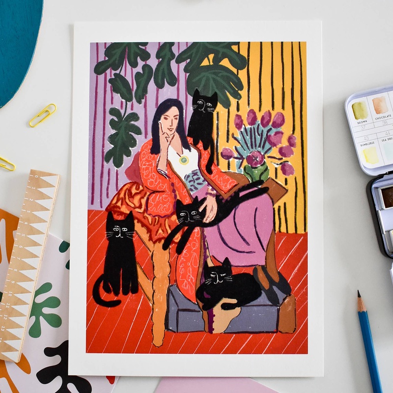 Niaski The Cat Lady Art Print  Inspired by Henri Matisse