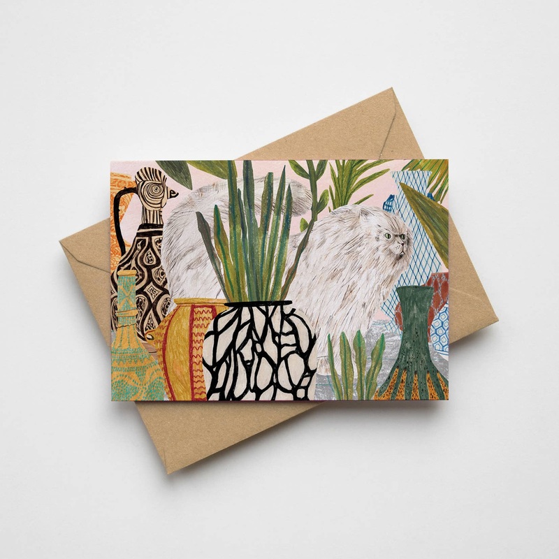Cat with Vases Greetings Card