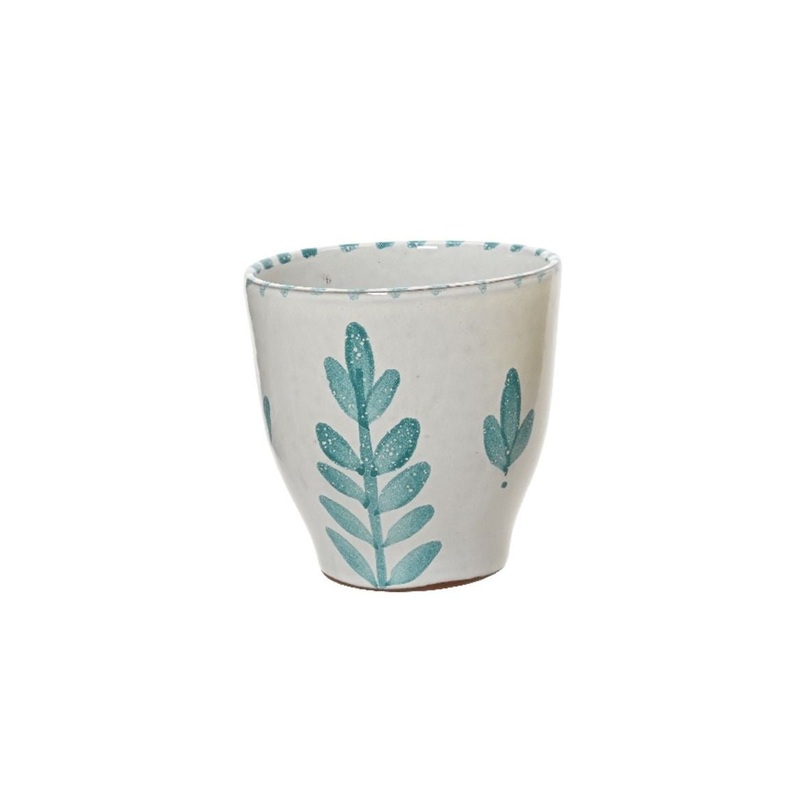 Lavos Glossy Glazed Ceramic Planter in White with Blue Hand-Painted Leaves
