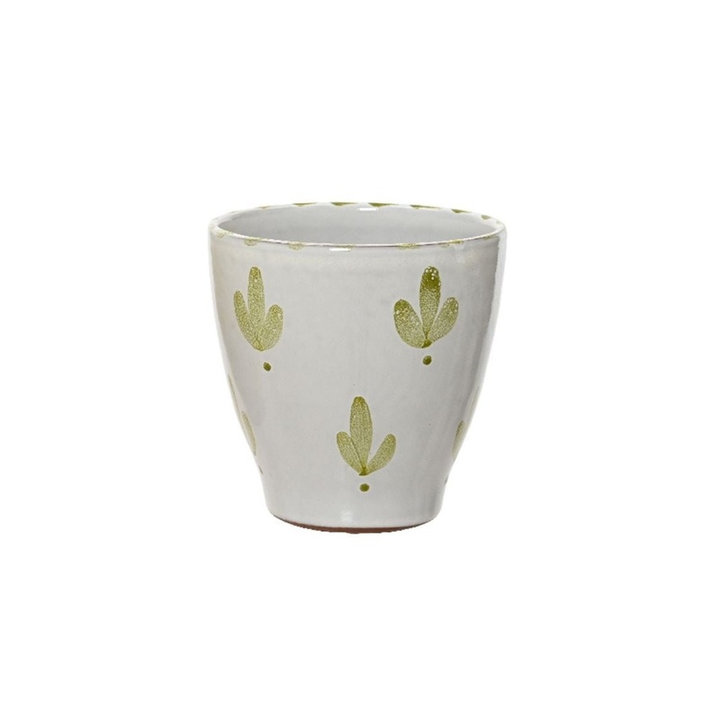 Lavos Glossy Glazed Ceramic Planter in White with Green Hand-Painted Leaves