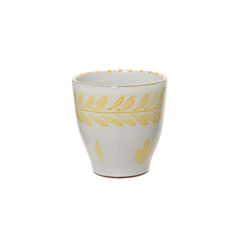 Lavos Glossy Glazed Ceramic Planter in White with Yellow Hand-Painted Leaves