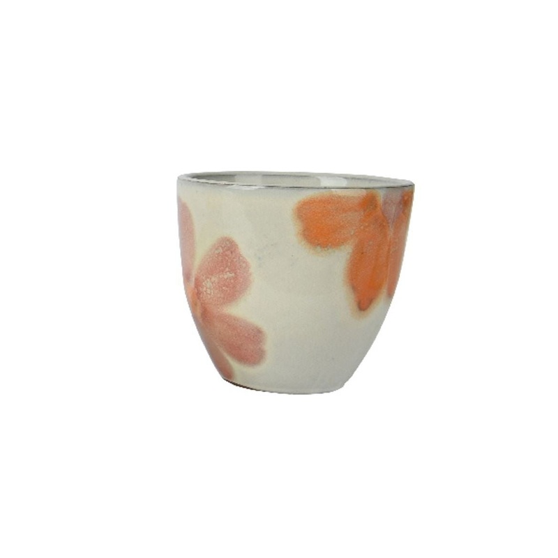 Porto Tapered Ceramic Planter in White with Hand Painted Orange Flowers
