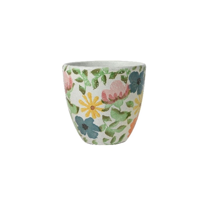Porto Tapered Matt Glazed Ceramic Planter in White with Hand Painted Florals