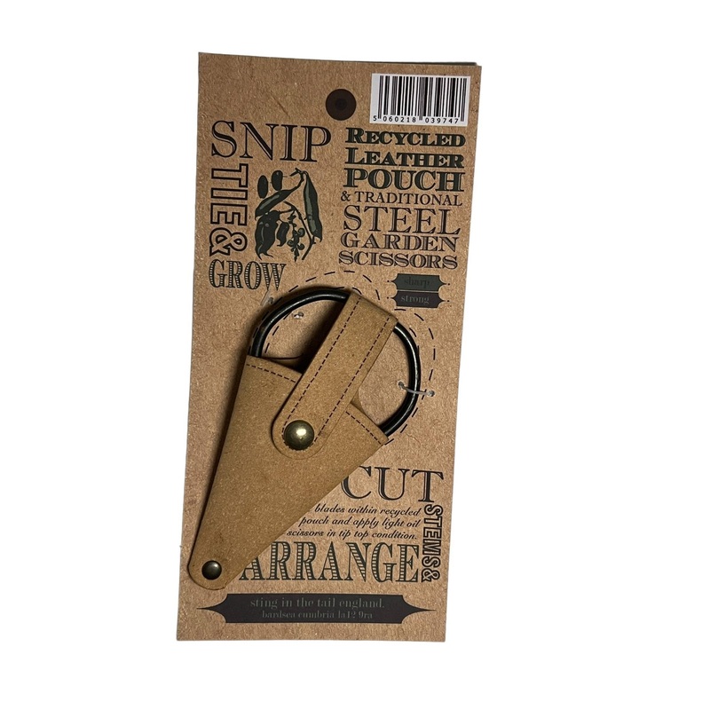 Small Gardening Scissors in Recycled Leather Pouch  11cm Steel Snips