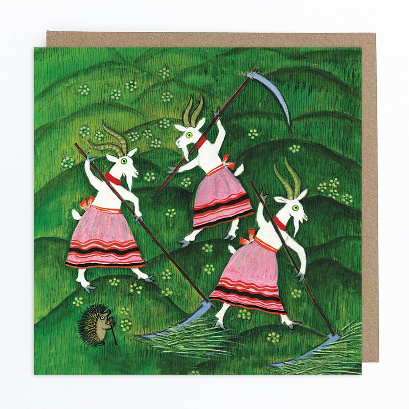 White Goats Cutting Grass Greetings Card