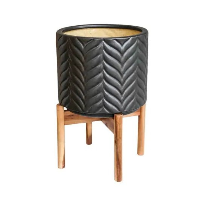 Aspen Chevron Planter in Mercury with Wooden Stand