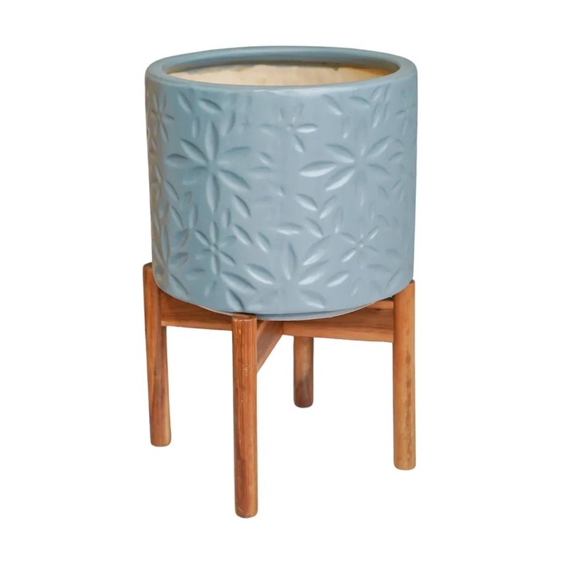 Aspen Flower Planter in Dusty Blue with Wooden Stand