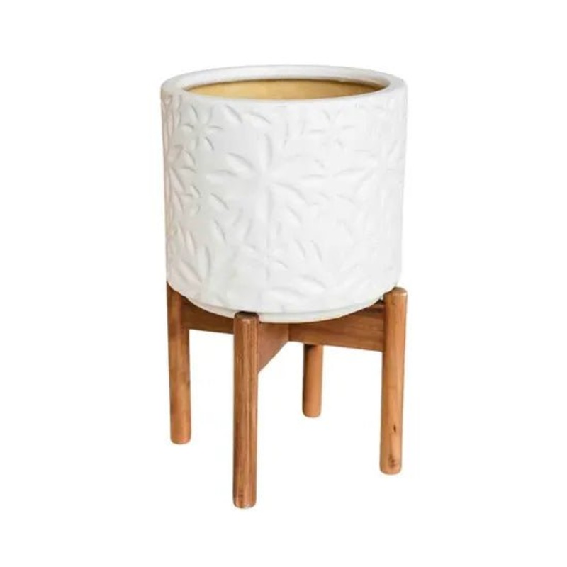 Aspen Flower Planter in White with Wooden Stand