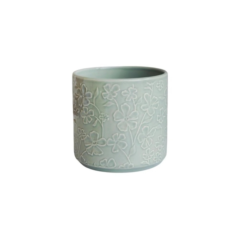 Betsy Embossed Floral Planter in Soft Mint Green