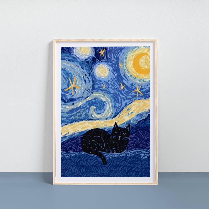 Niaski Starry Night Cat Art Print  Inspired by Vincent van Gogh