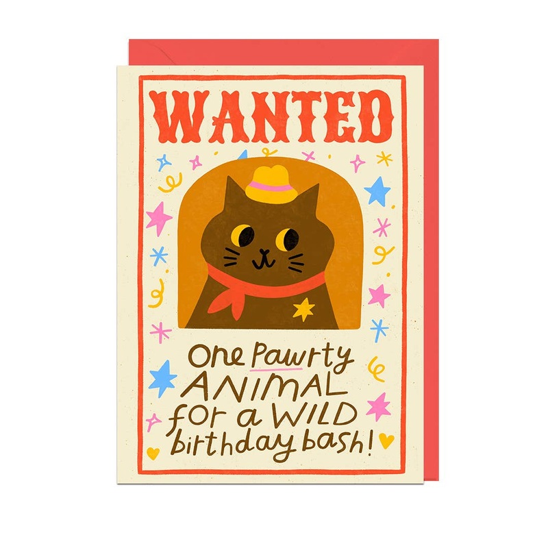 WANTED PAWTY ANIMAL RED ENVELOPE Birthday Greetings Card